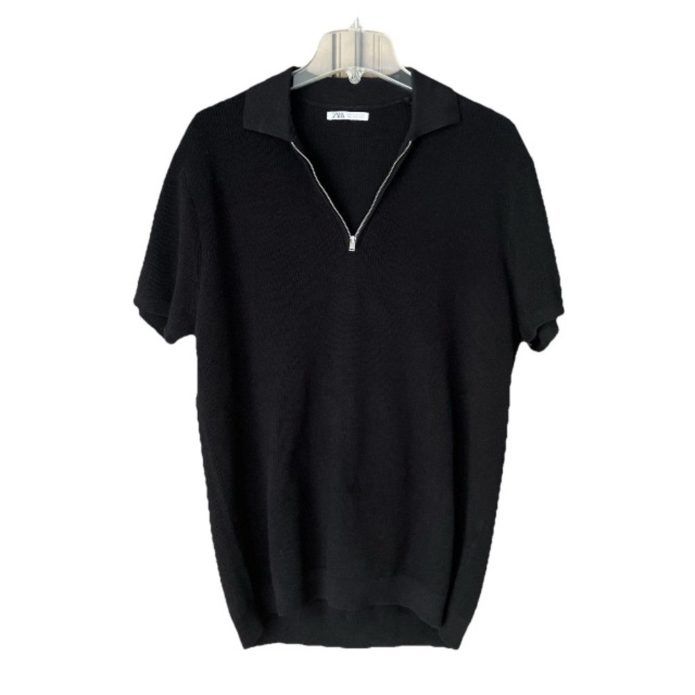 Zara Black Quarter Zip Women’s Collar Sweater Short Sleeve Pullover Top Size Med